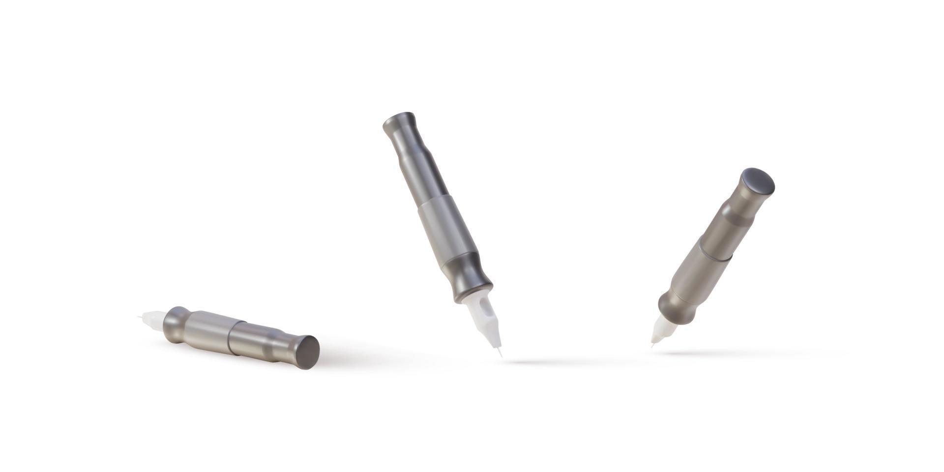 3d three Realistic tattoo machine pens on white background. Vector illustration.