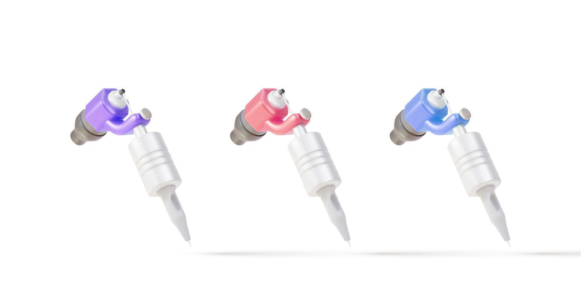 3d set Realistic tattoo machine with metal elements. Vector illustration.