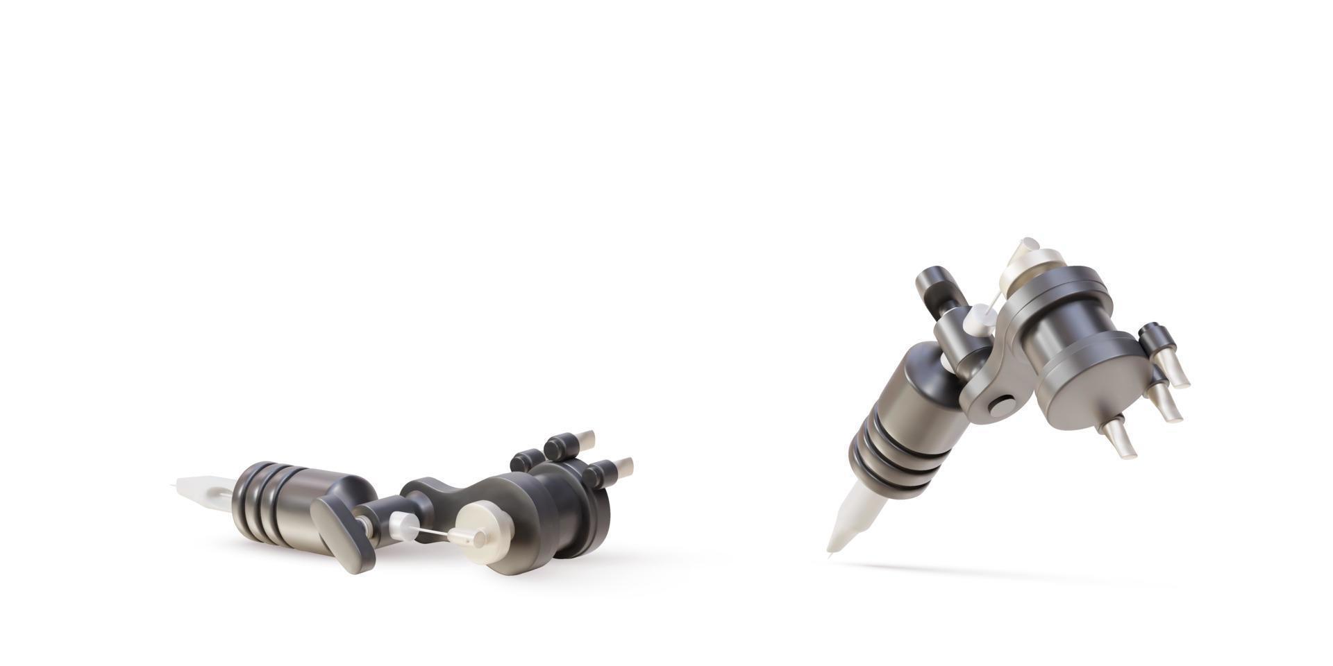 3d two Realistic tattoo machine with black metal elements on white background. Vector illustration.