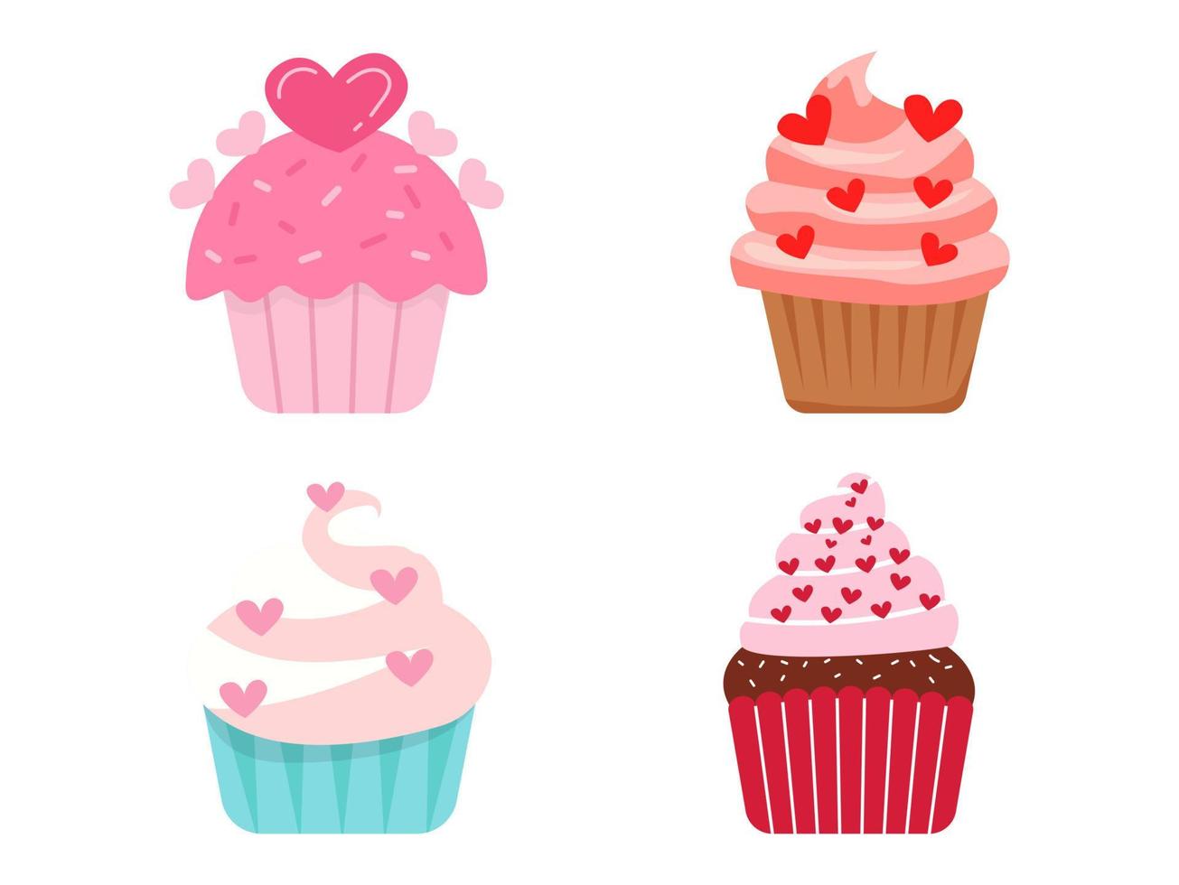 set cute cupcakes with cream icing hearts vector