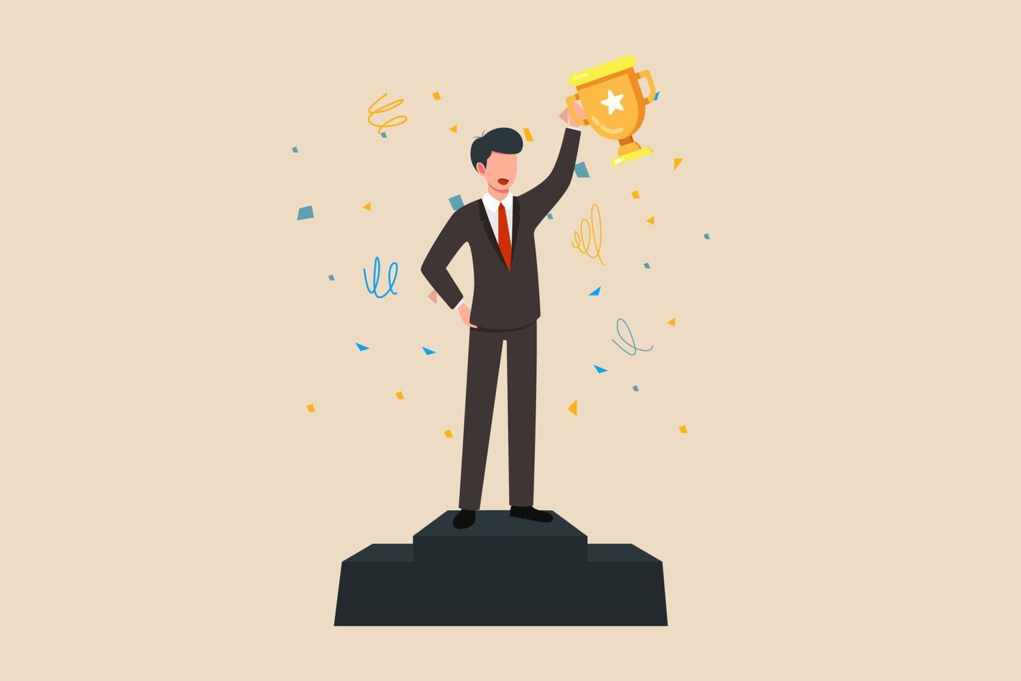 Business people concepts for success. Businessman speed up running up the Stairs to the gold trophy cup icon. Isometric vector illustration.