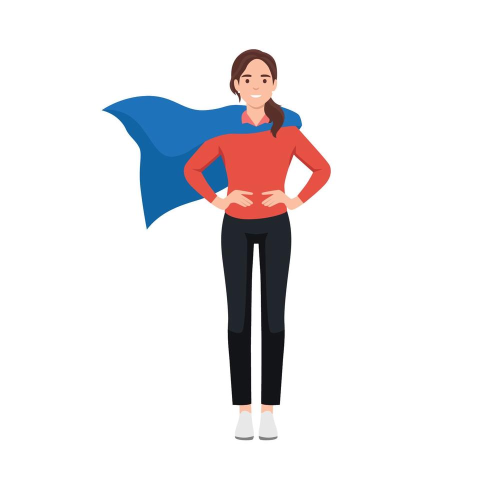 joven gerente de oficina de una mujer súper empresaria disfrazada de superhéroe. ilustración vectorial plana aislada sobre fondo blanco vector