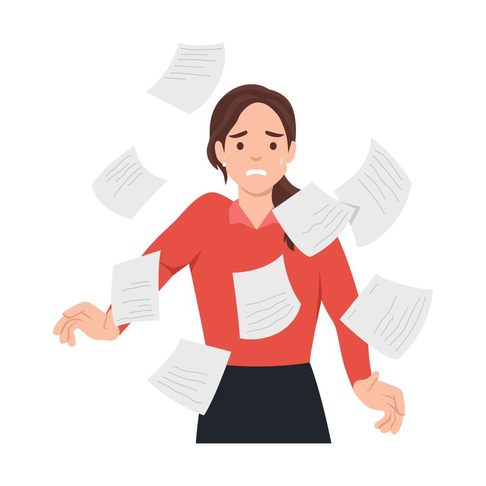 Young woman with headache stress symptom with pile documents and paperworks fly around her. Stressed worker. Business woman in panic. Flat vector illustration isolated on white background