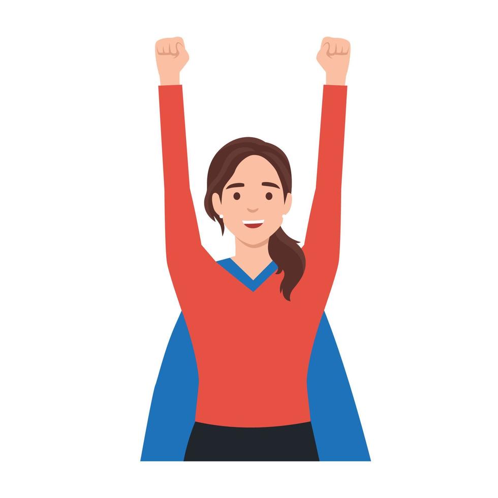 Young business woman flying with hands up. Career advancement. Cartoon guy in suit and superhero mantle. Flat vector illustration isolated on white background