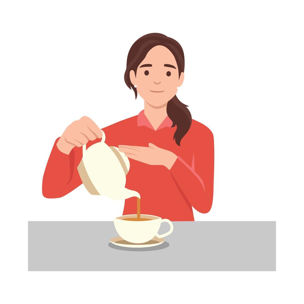 mujer joven sirviendo té en una taza de tetera. un tipo sonriente disfruta de un café caliente. ilustración vectorial plana aislada sobre fondo blanco vector