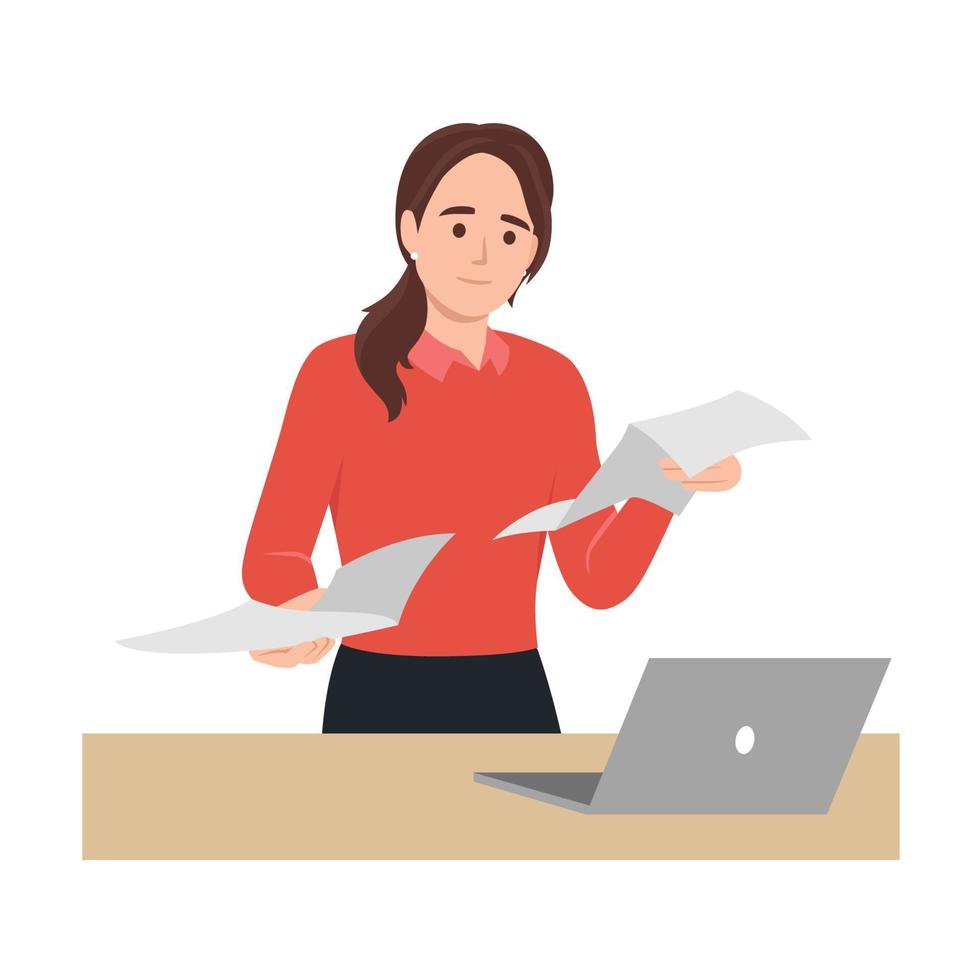 Young successful businesswoman reading documents. Smiling young female employee busy at laptop checking paperwork in office. Flat vector illustration isolated