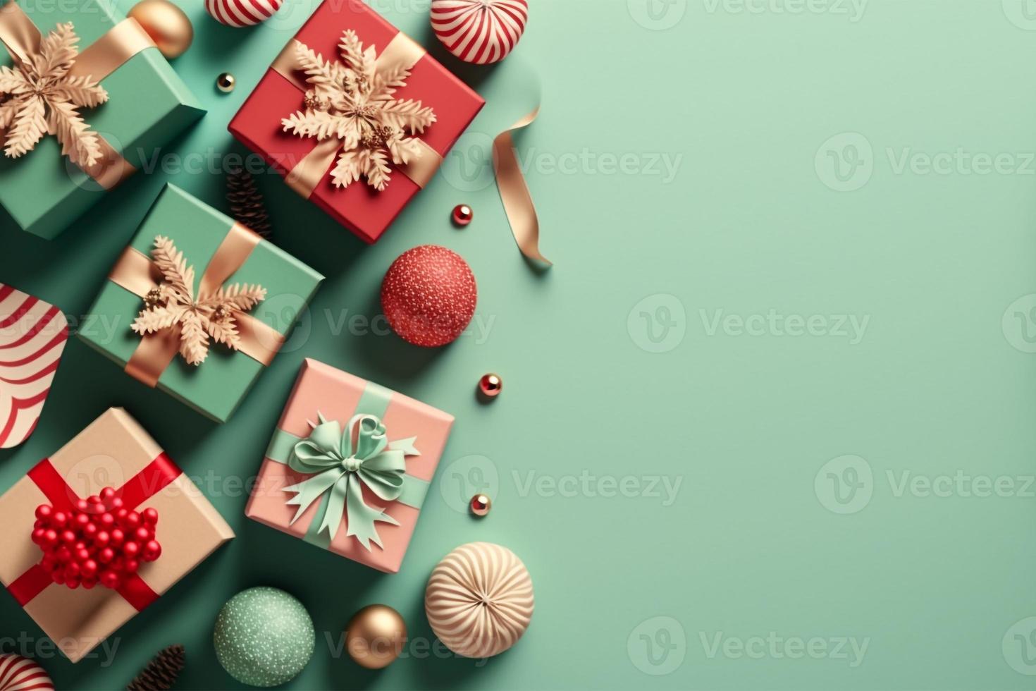 Holiday background with christmas decoration and gift boxes top view. Festive greeting card. Flat lay style. photo