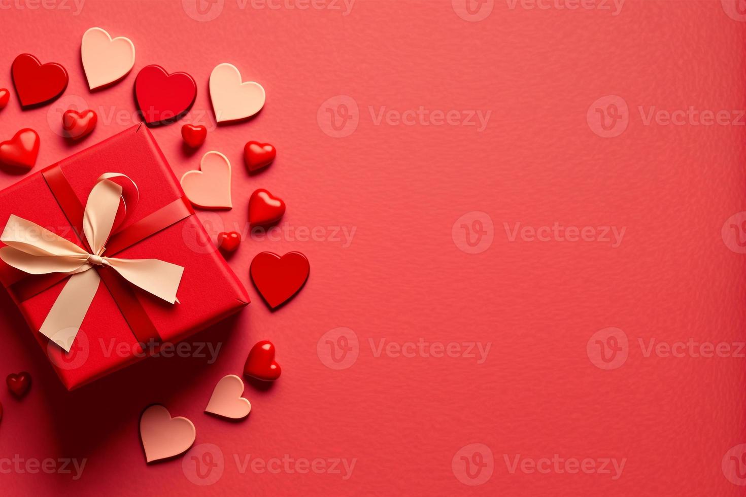 Red Valentines day background. Gift and mixed hearts top view. Flat lay. photo