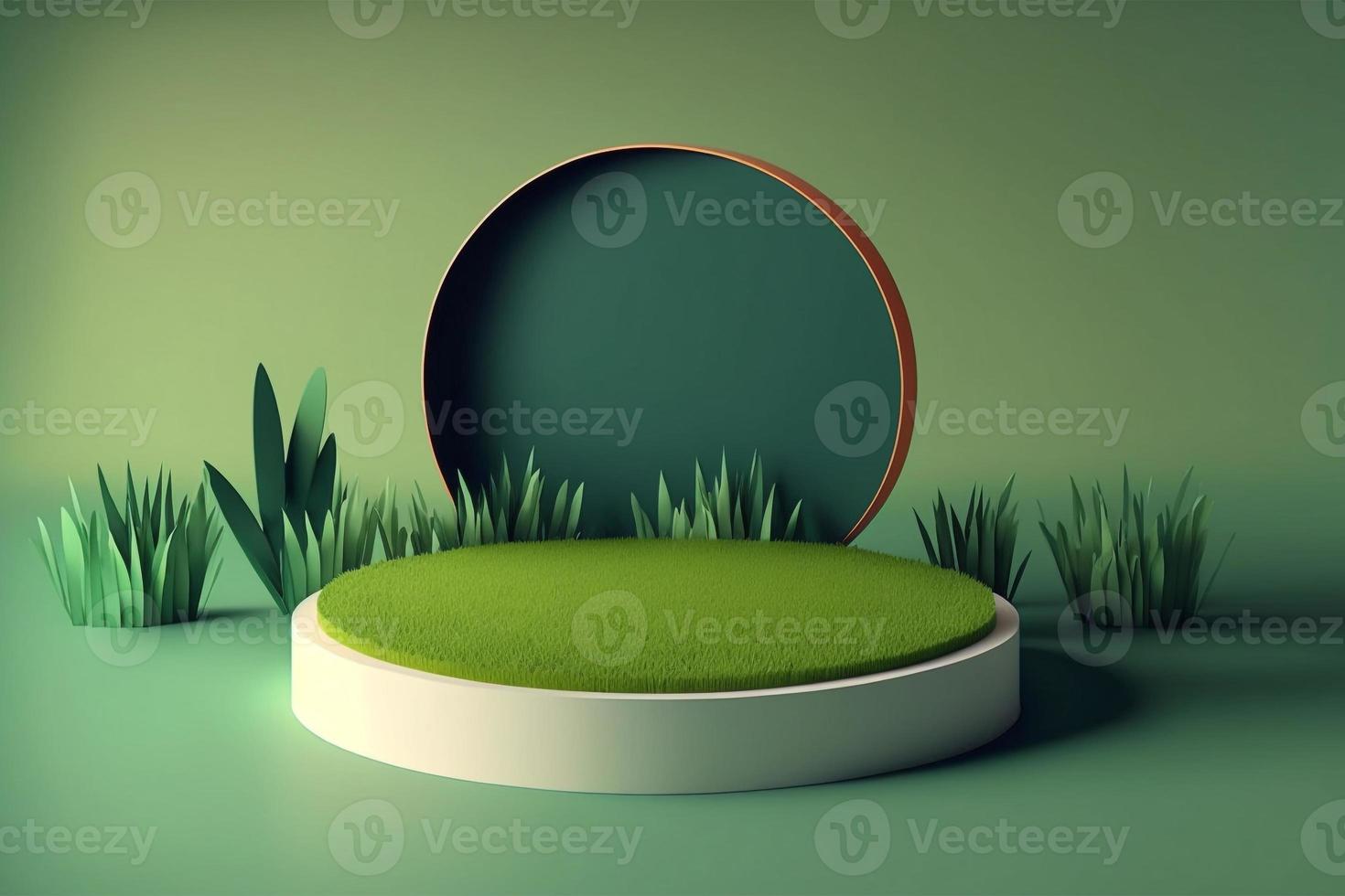 3d minimal circle podium illustration with green grass for product background. photo