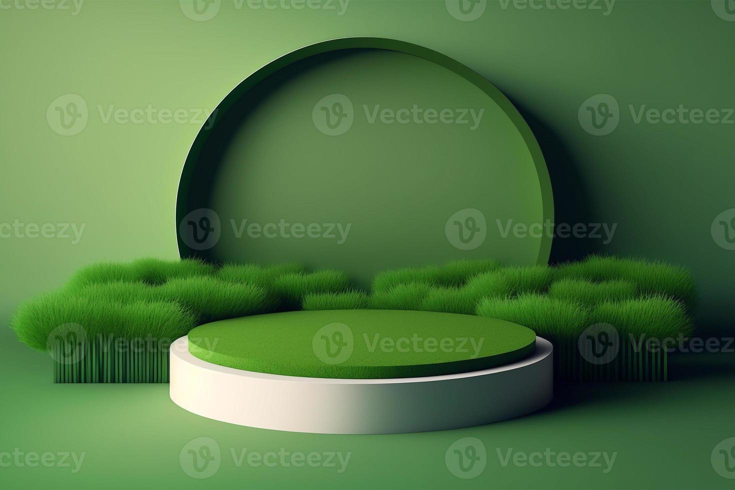 3d minimal circle podium illustration with green grass for product background. photo