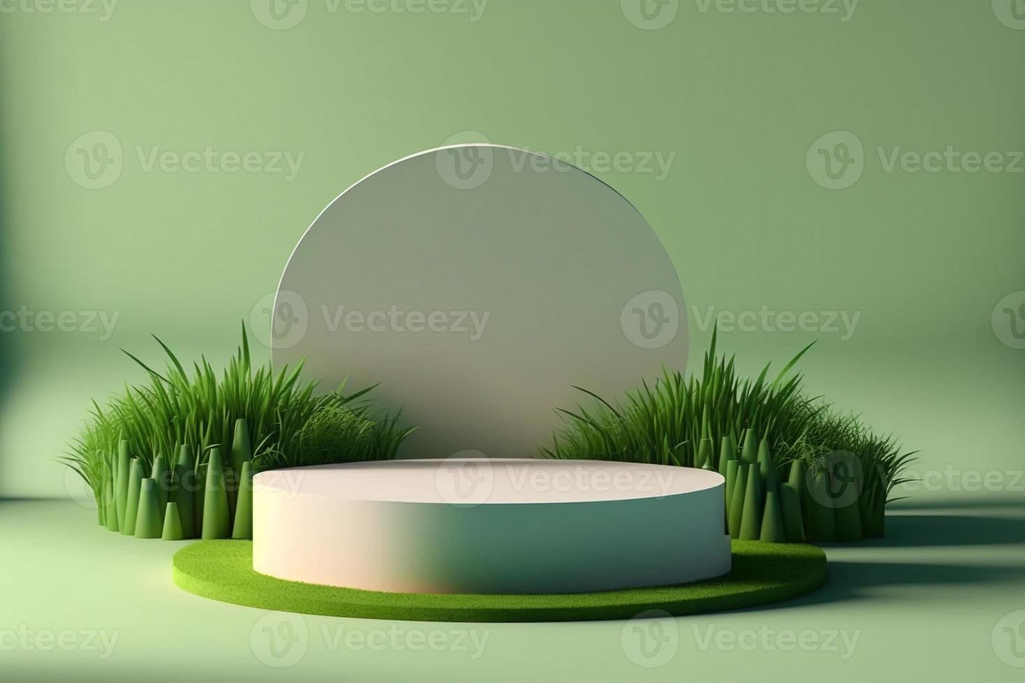 3d minimal circle podium illustration with green grass for product background. photo