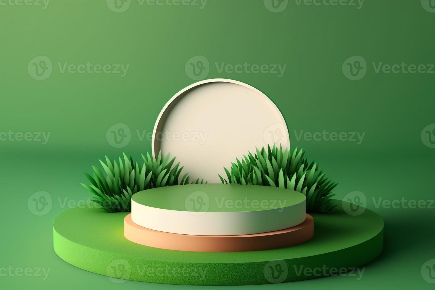 3d minimal circle podium illustration with green grass for product background. photo