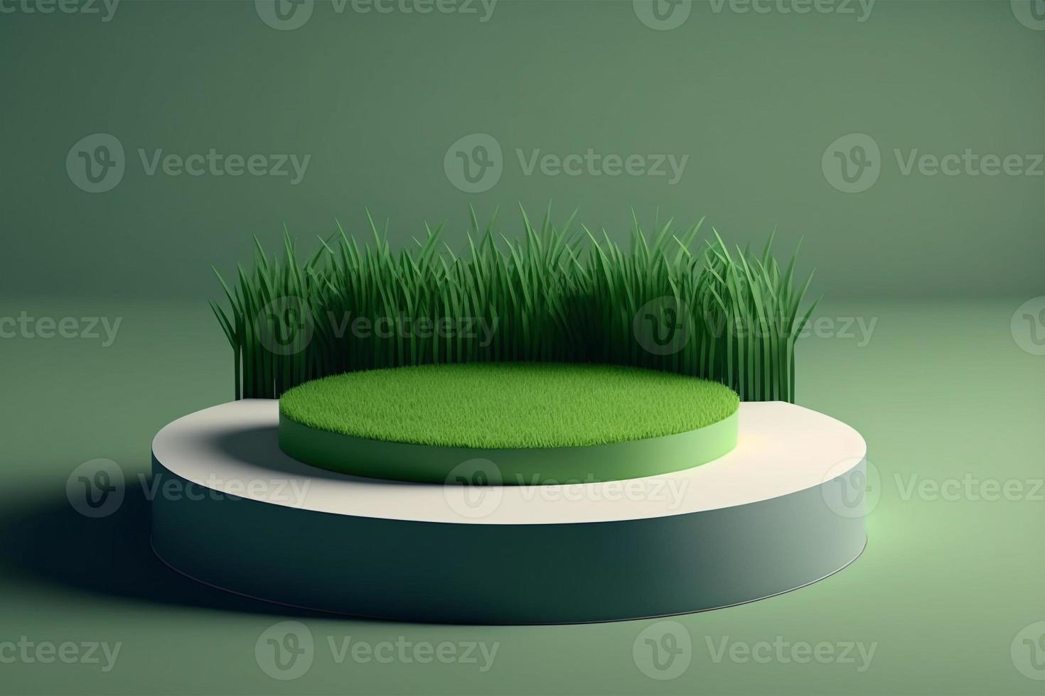 3d minimal circle podium illustration with green grass for product background. photo