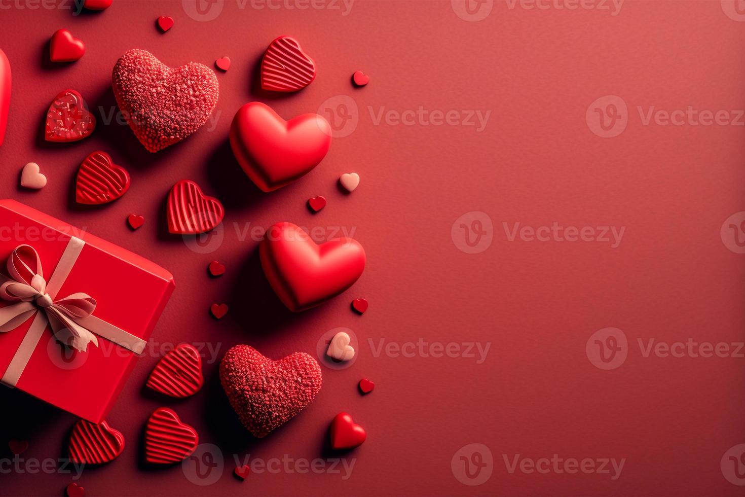 Red Valentines day background. Gift and mixed hearts top view. Flat lay. photo