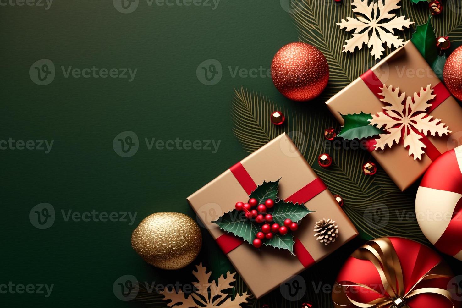 Holiday background with christmas decoration and gift boxes top view. Festive greeting card. Flat lay style. photo