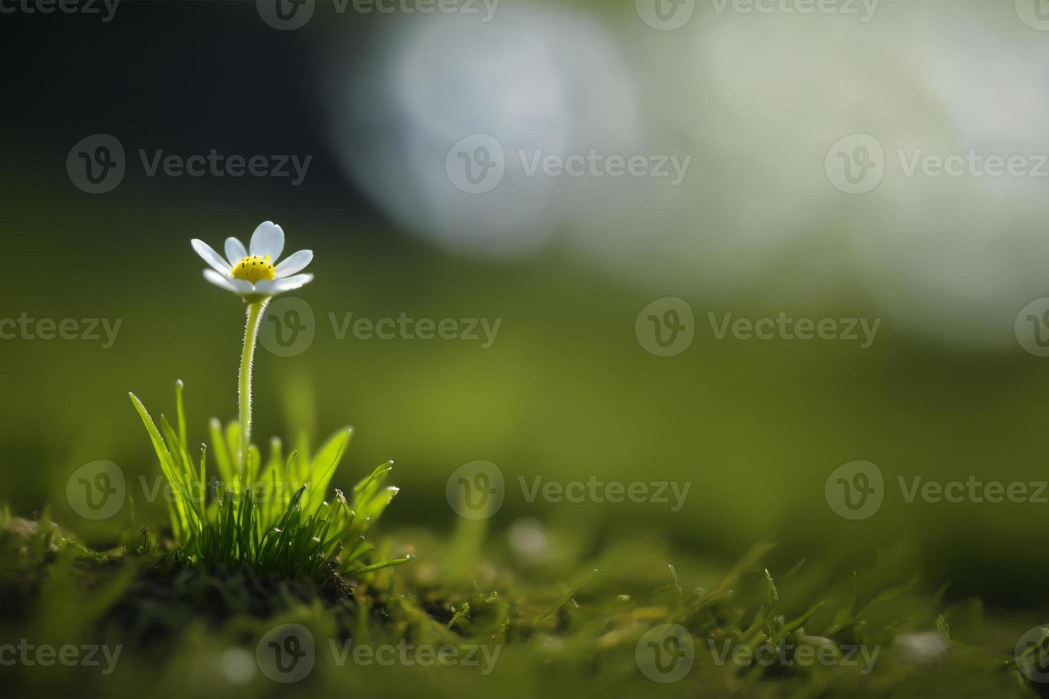 Closeup shot of a tiny flower growing in fresh green grass with a blurred background. photo