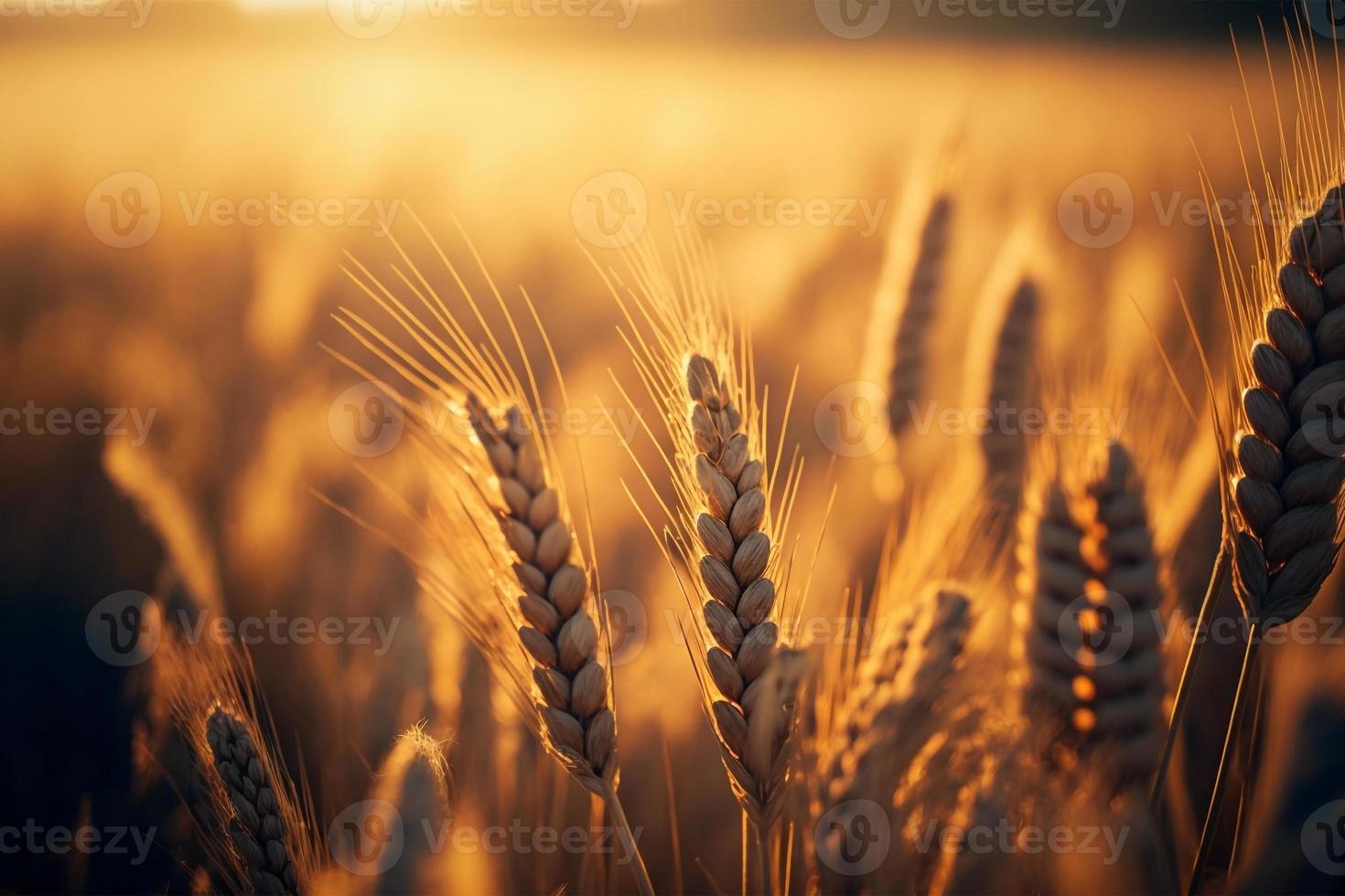 Beautiful wheat field in the sunset light. Golden ears during harvest  macro  banner format. Autumn agriculture landscape. photo