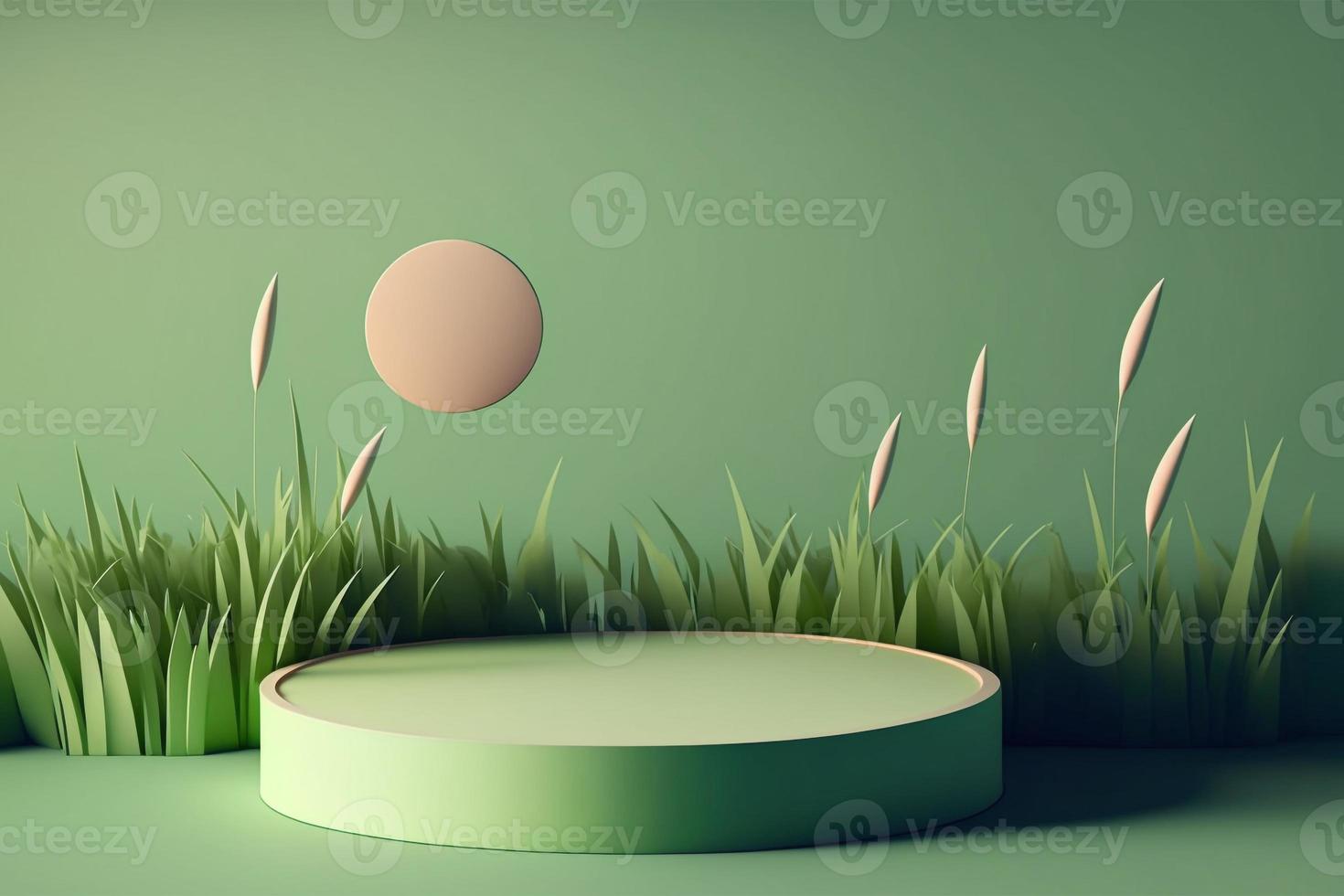 3d minimal circle podium illustration with green grass for product background. photo