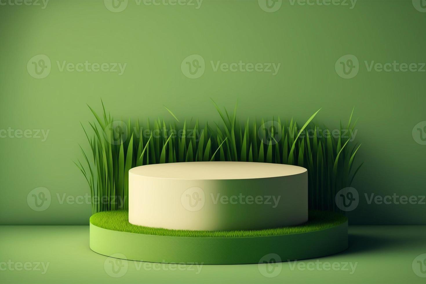 3d minimal circle podium illustration with green grass for product background. photo