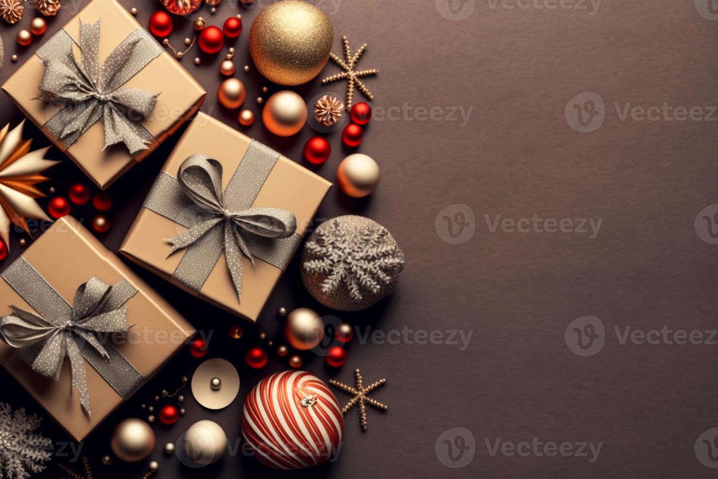 Holiday background with christmas decoration and gift boxes top view. Festive greeting card. Flat lay style. photo