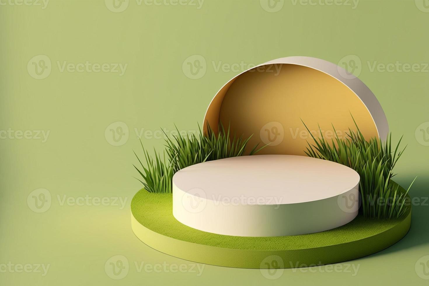 3d minimal circle podium illustration with green grass for product background. photo