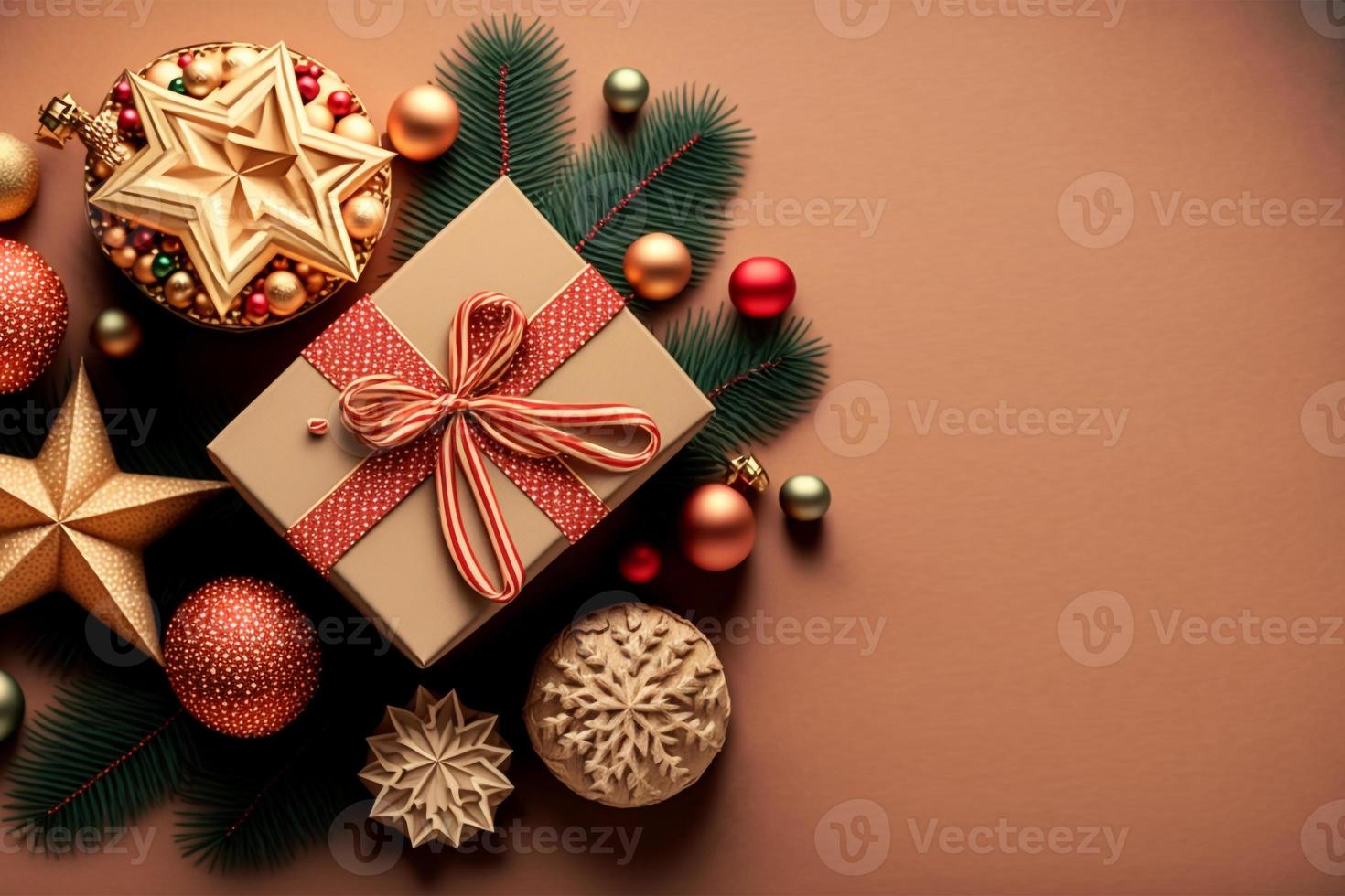 Holiday background with christmas decoration and gift boxes top view. Festive greeting card. Flat lay style. photo