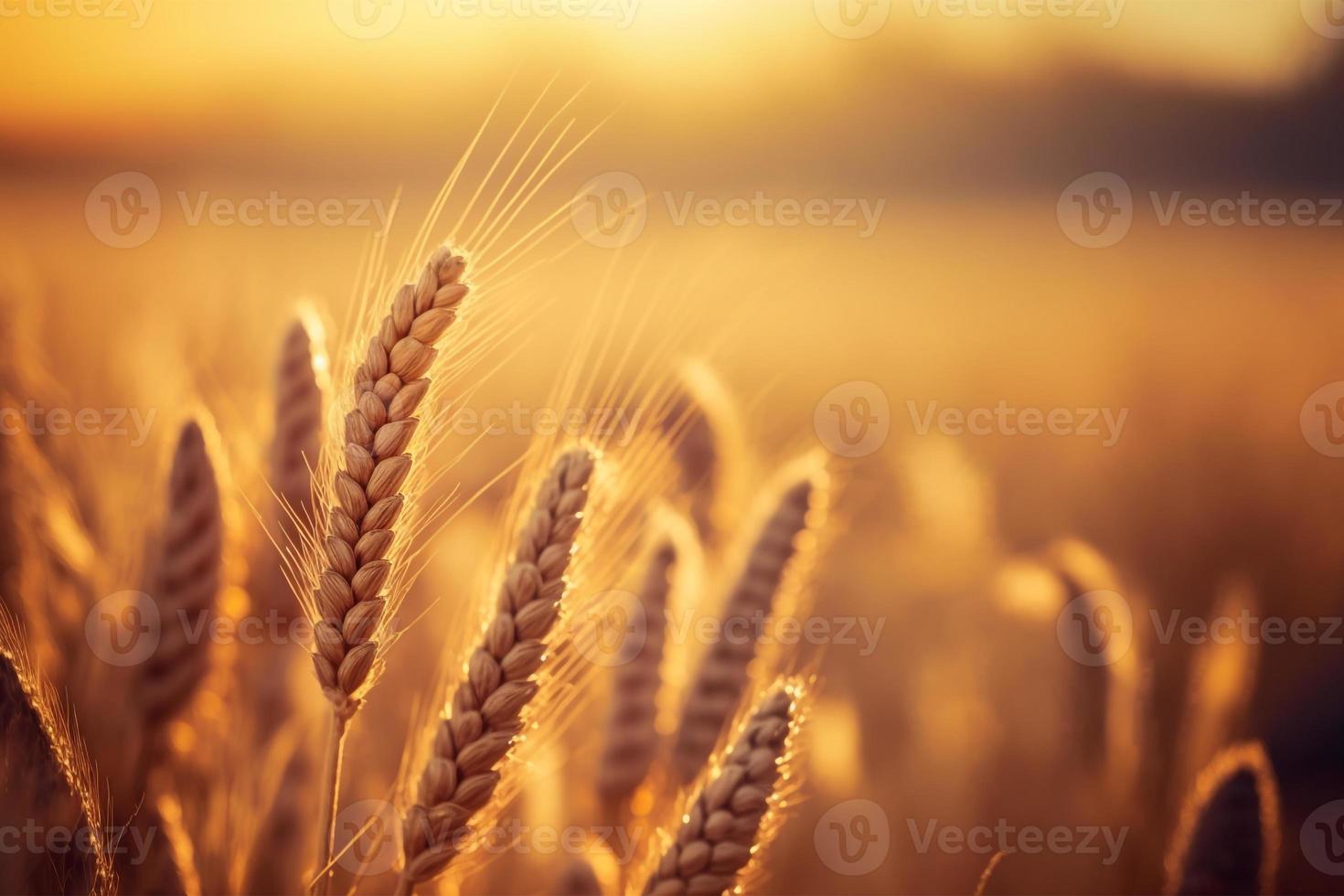 Beautiful wheat field in the sunset light. Golden ears during harvest  macro  banner format. Autumn agriculture landscape. photo