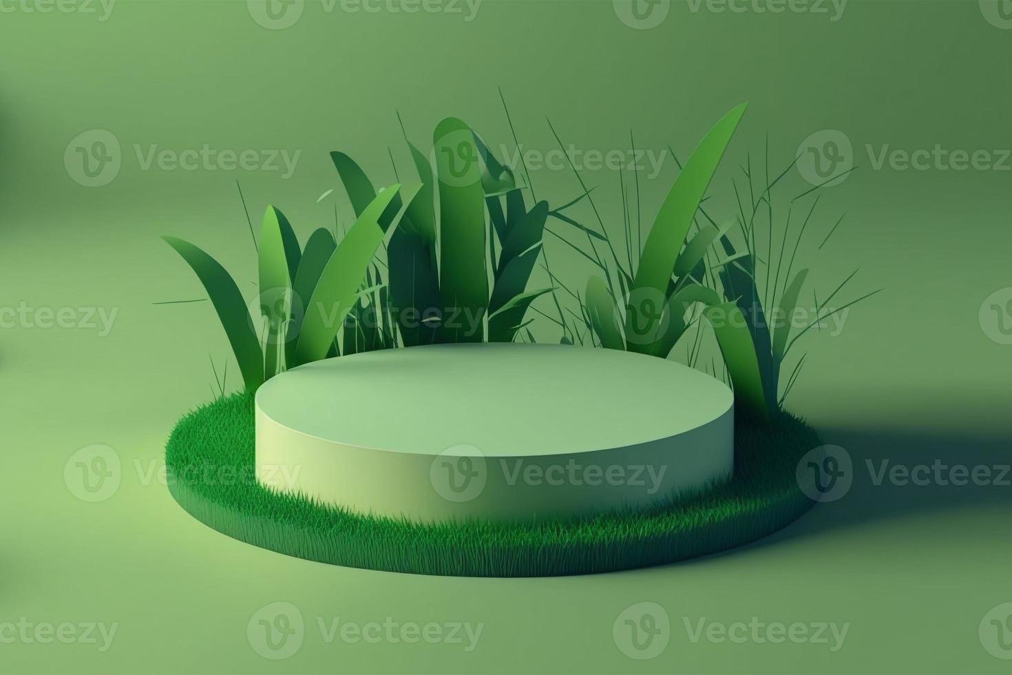 3d minimal circle podium illustration with green grass for product background. photo