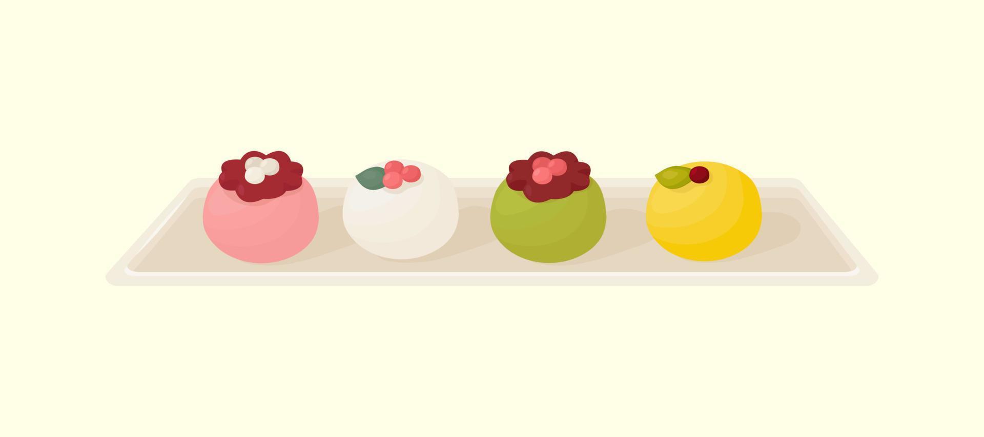 Set of asian desserts on plate - various wagashi, mochi, rice cake vector
