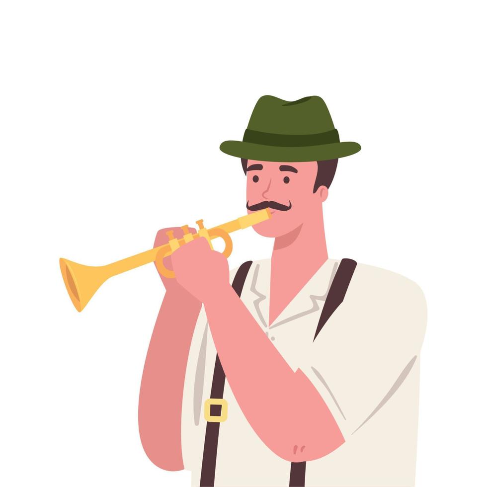 dibujos animados de hombre de oktoberfest con tela tradicional y diseño de vector de trompeta