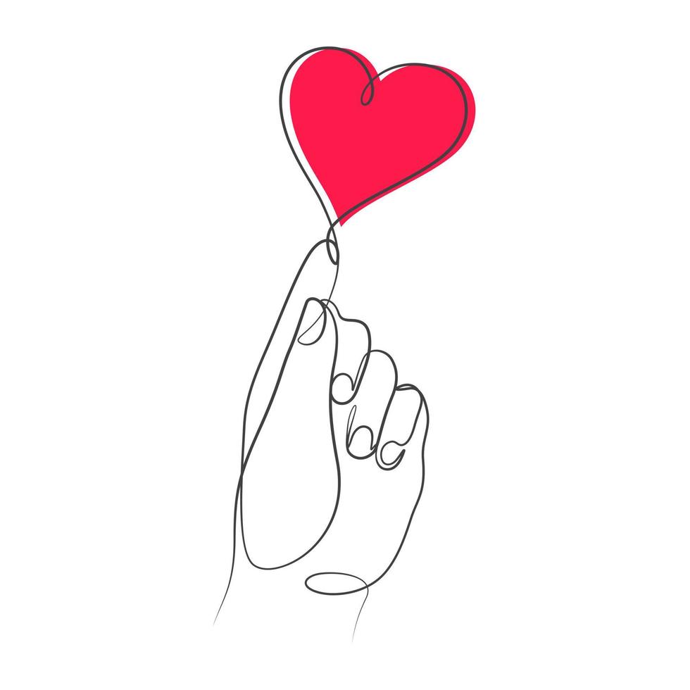 hand holding heart shape of love calligrphy continuou line drawing vector