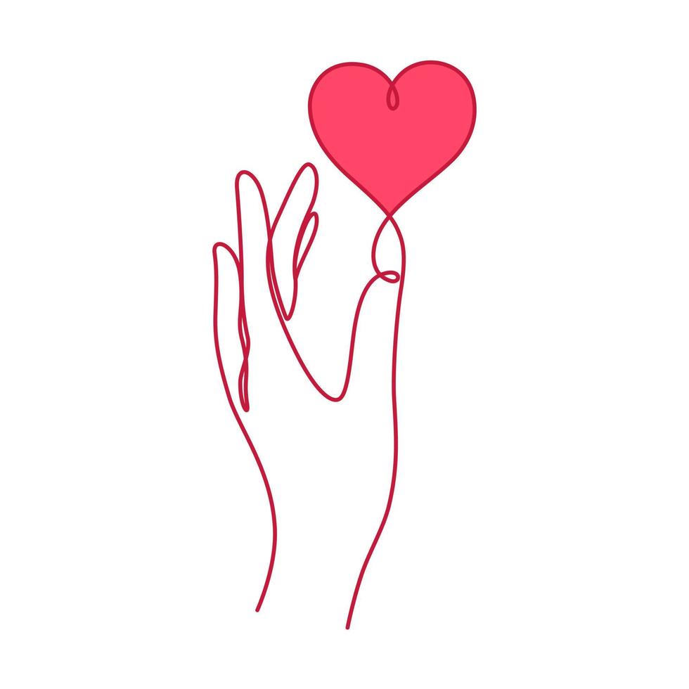 hand touching heart shape continuous line drawing vector