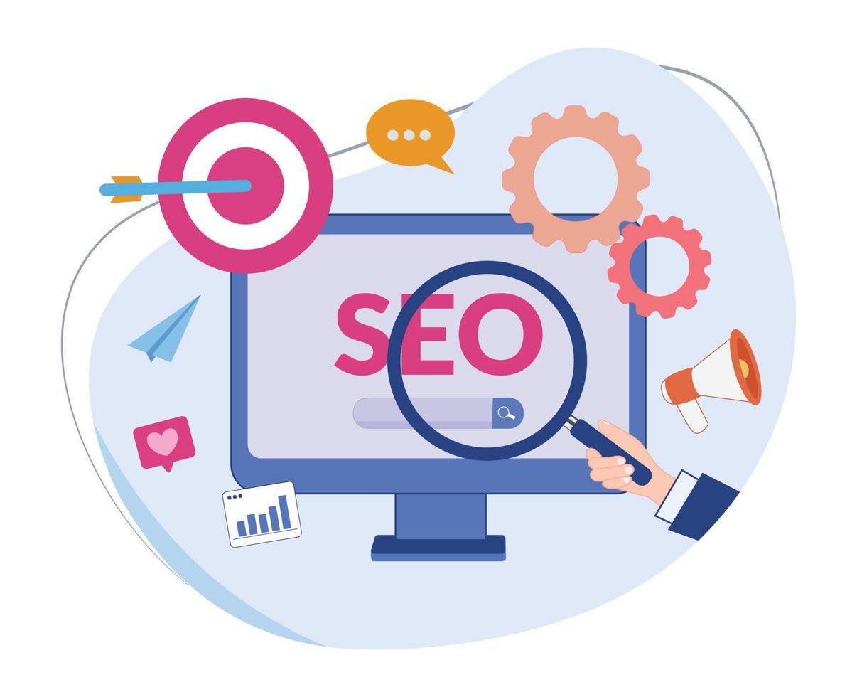 male seo developer illustration. illustration of a hand holding a magnifying glass and writing SEO on a computer vector