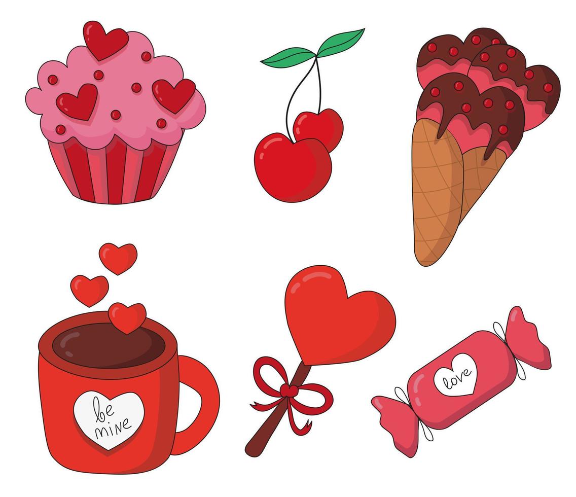 Collection Valentine's Day desserts. Pink cupcake with hearts, cherry in form of heart. Ice cream in cone with chocolate and sprinkles. Red mug with the words be mine. Lollipop with ribbon and candy vector