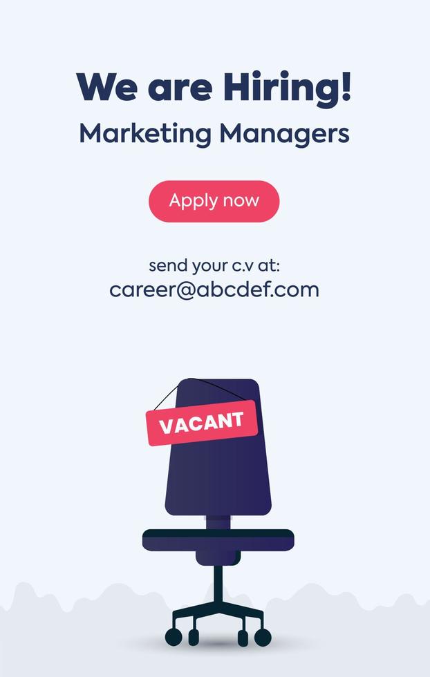 We are hiring. we are hiring marketing managers story post with vacant chair vector