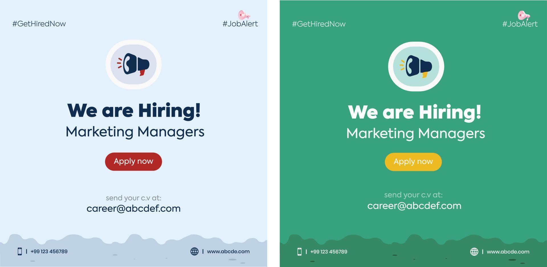 Estamos contratando. Estamos contratando un puesto de anuncio de gerentes de marketing con megáfono. publicación de anuncio de vacante de trabajo de gerente de marketing con dos colores de fondo diferentes. apertura de carrera aplicar ahora. póster vector