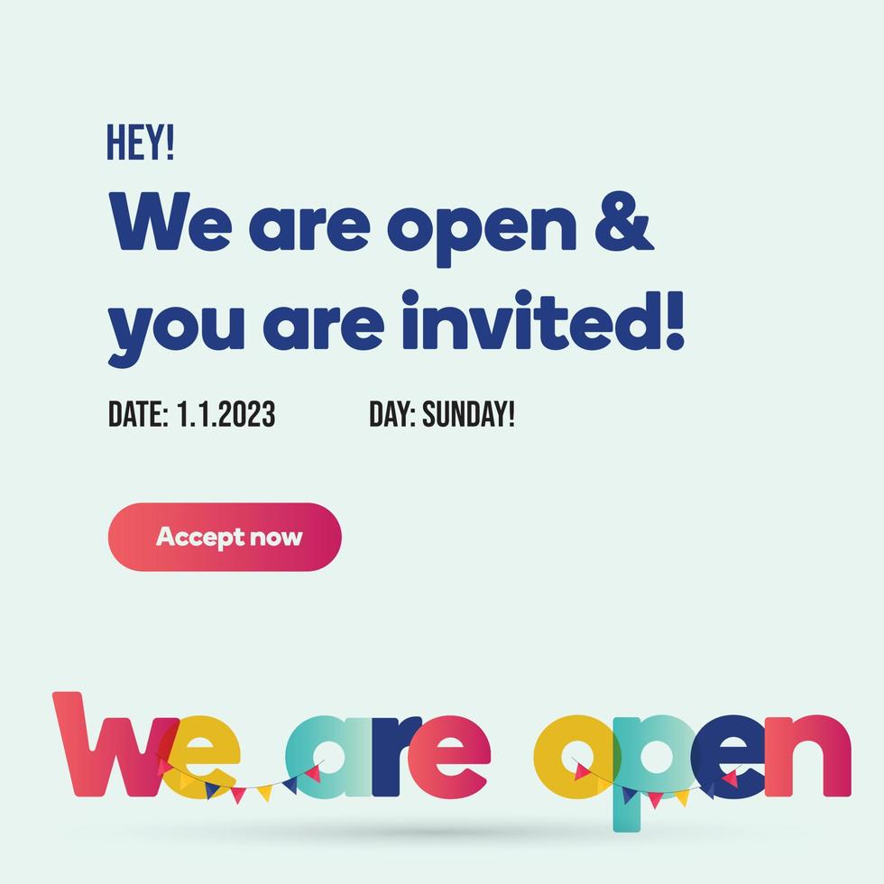 estamos abiertos y estás invitado a una publicación colorida en las redes sociales. diseño de publicación de anuncio de apertura de marca. invitando a la gente para la apertura de la marca. vector