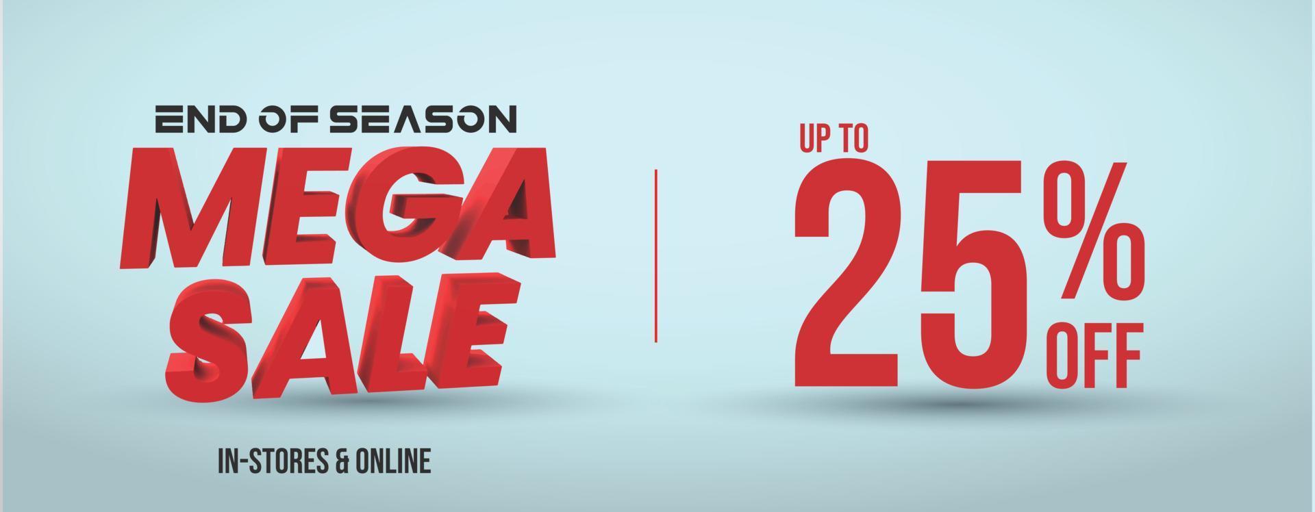 Mega sale. Twenty five percent off. Up to 25 off discount Mega sale cover banner for social media and website in 3D text. 3D Mega sale end of season 25 sale cover in red color. 25 off cover banner vector