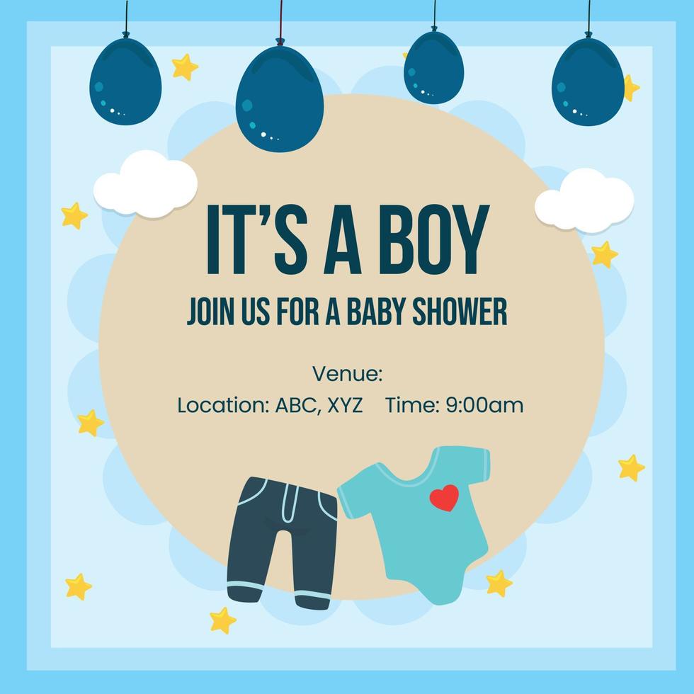anuncio de baby shower de niño publicación en redes sociales. poste de ducha de bebé recién nacido en color azul. vector