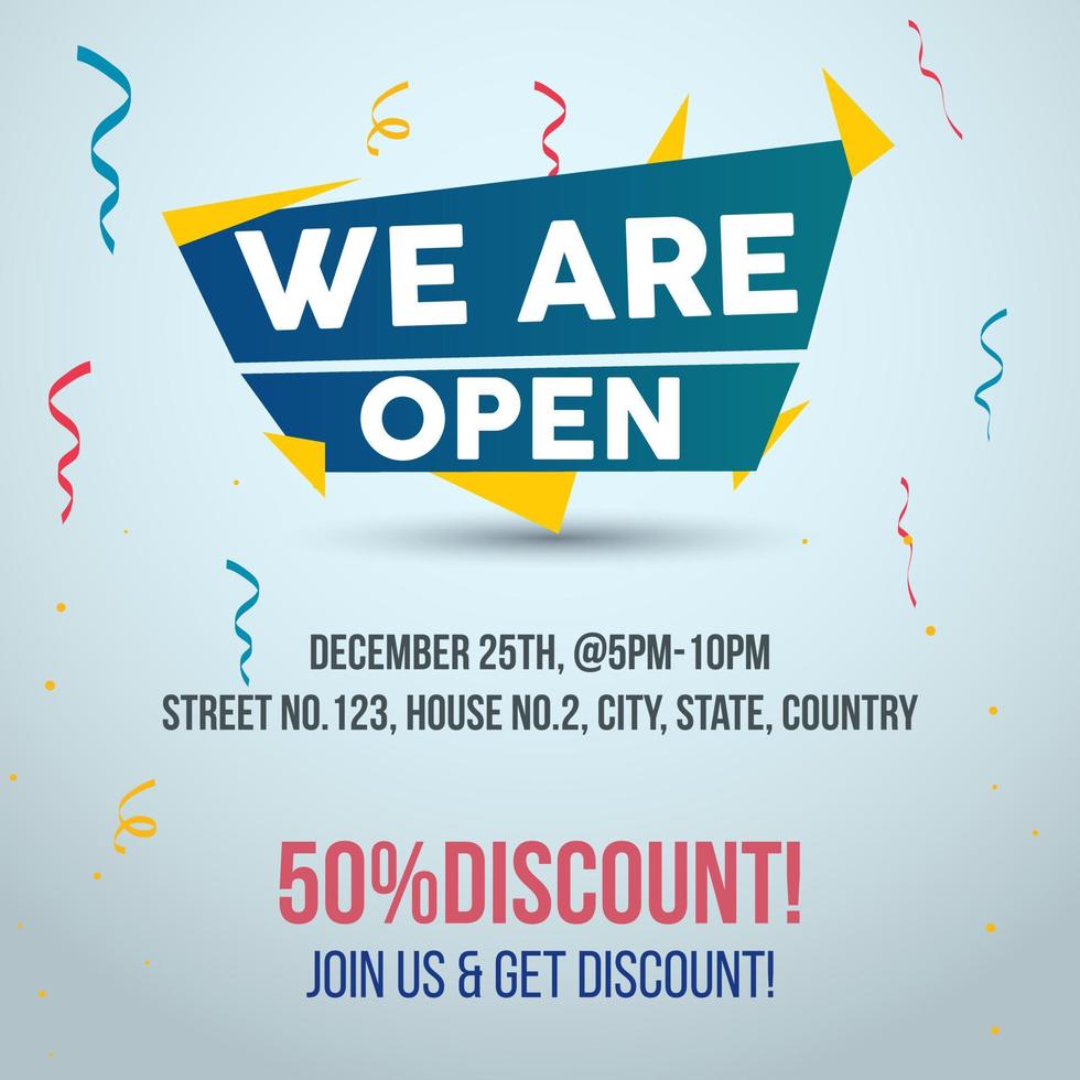 We are open. We are open join us and get 50 percent discount announcement social media post in cyan color background. Opening Invitation post with confetti falling for social media template. vector