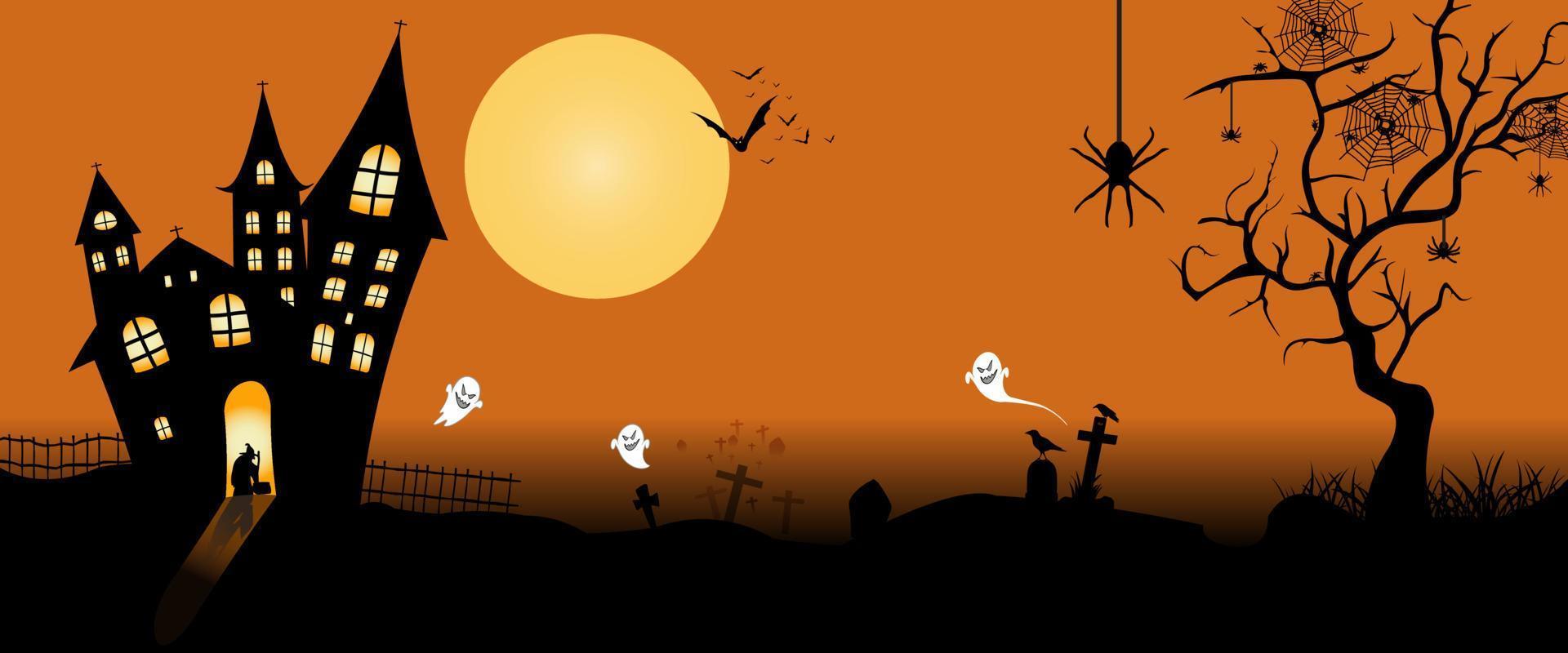 Halloween concept background or party invitation background with a moon night and castle. Vector illustration.