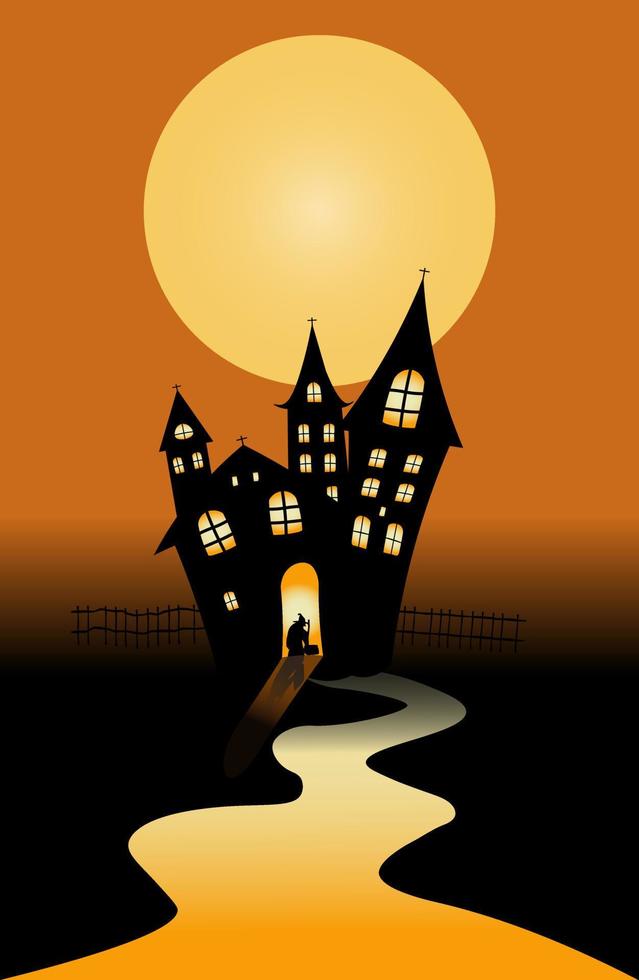 Halloween concept background or party invitation background with a moon night and castle. Vector illustration.