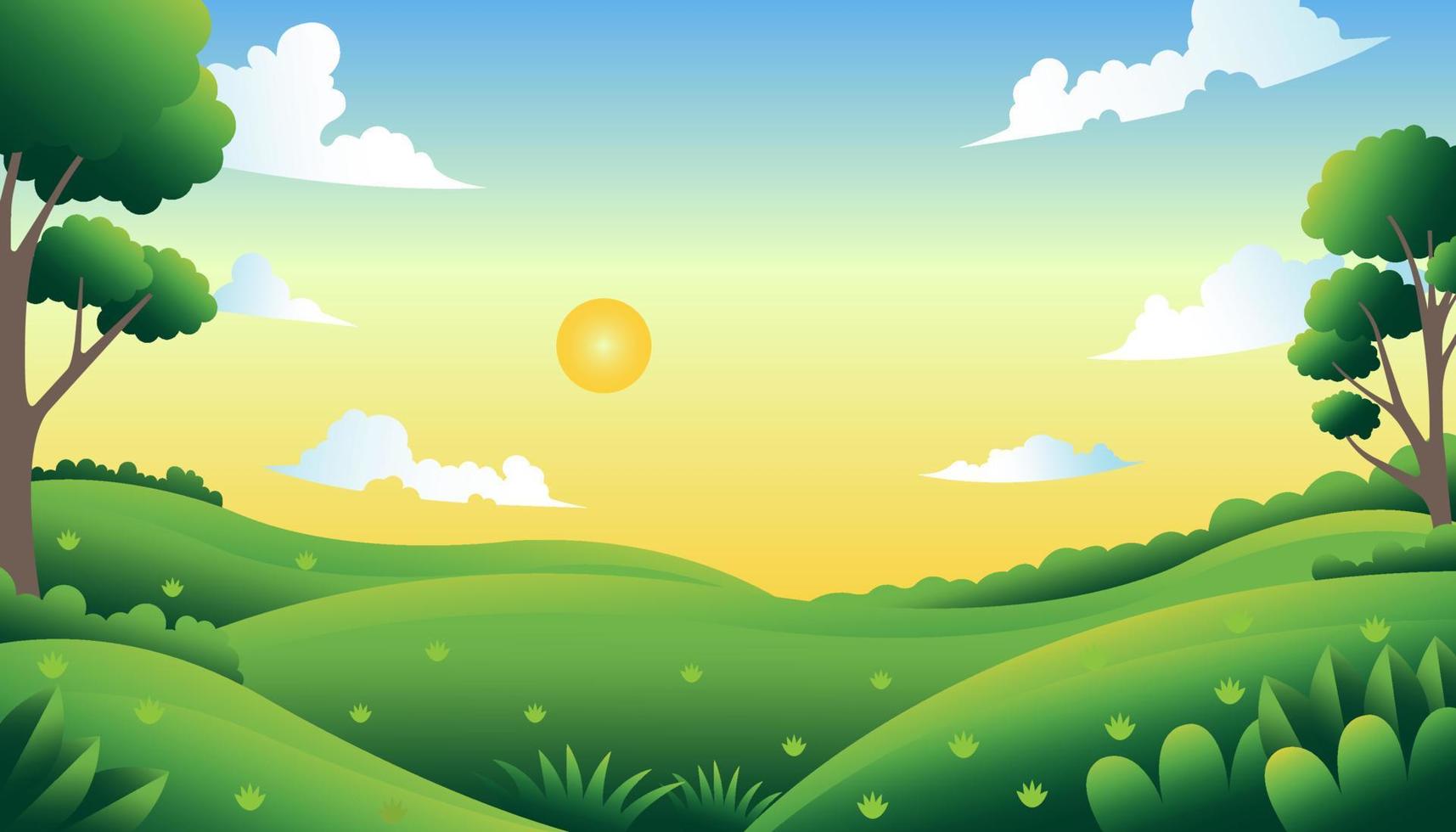 ilustración vectorial de campo verde con nubes soleadas y sol brillante vector