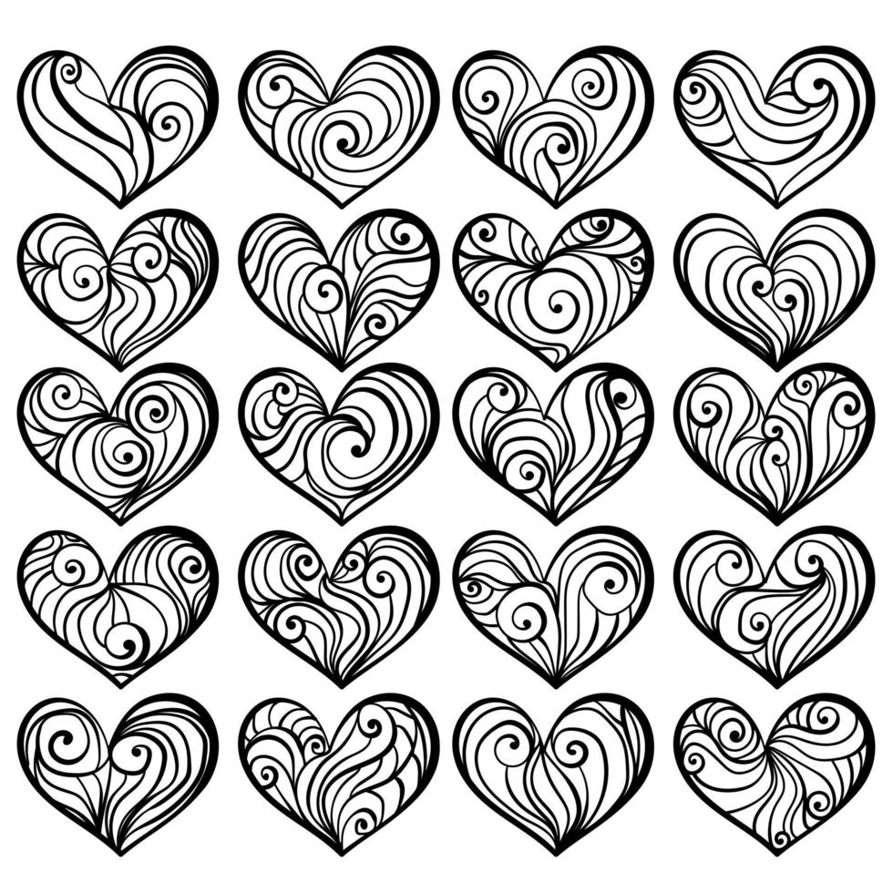 Outline set of heart shaped valentines for holiday decor, meditative coloring pages with waves and spirals vector