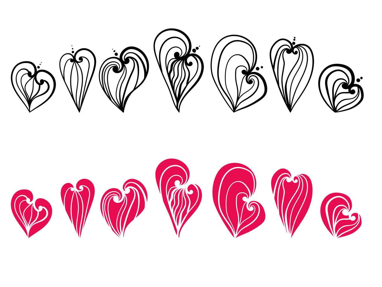 set of ornate outline hearts and silhouettes vector