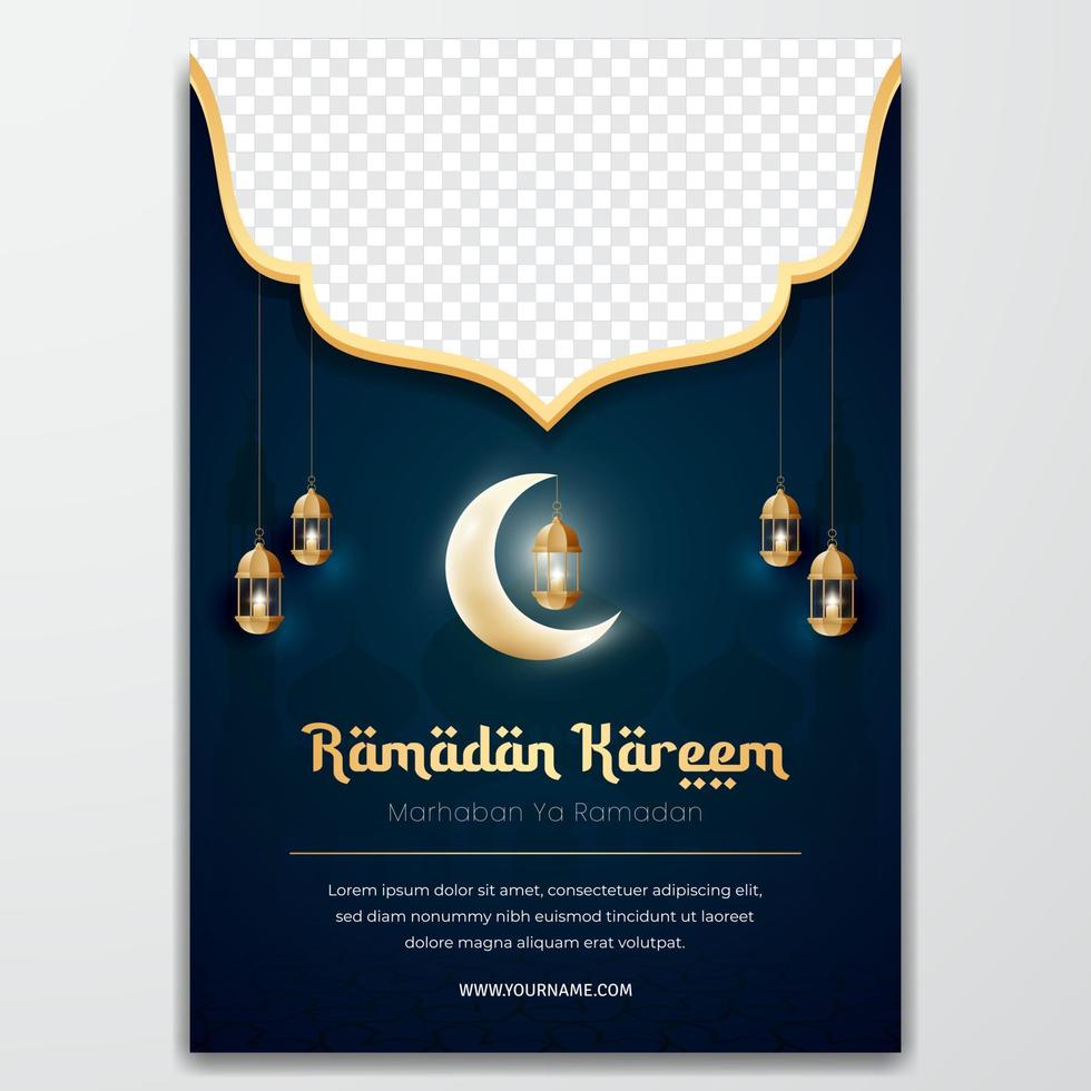 Ramadan kareem greeting flyer design with moon and lantern illusration vector