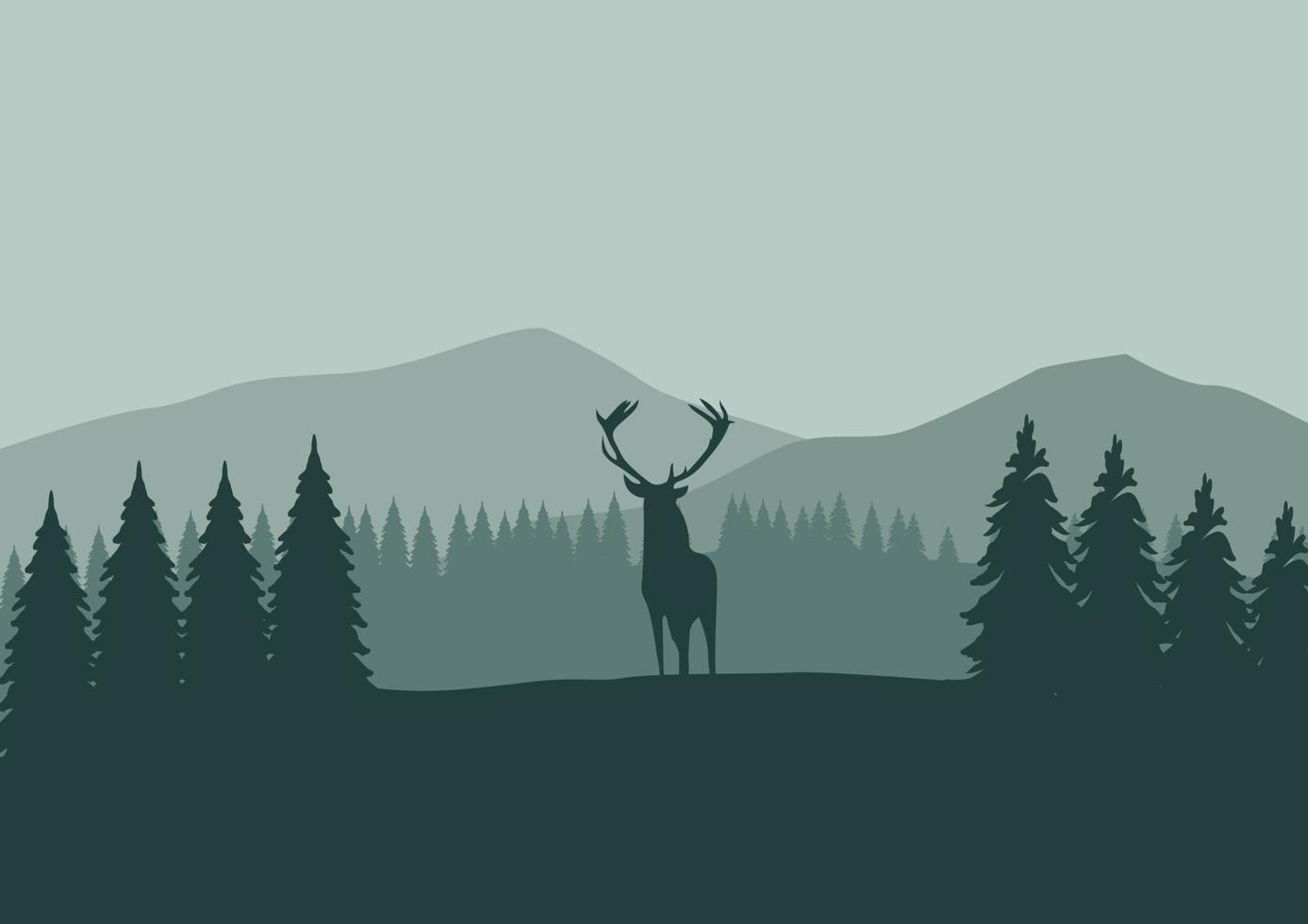 silueta de ciervo en el bosque de pinos. ilustración vectorial vector