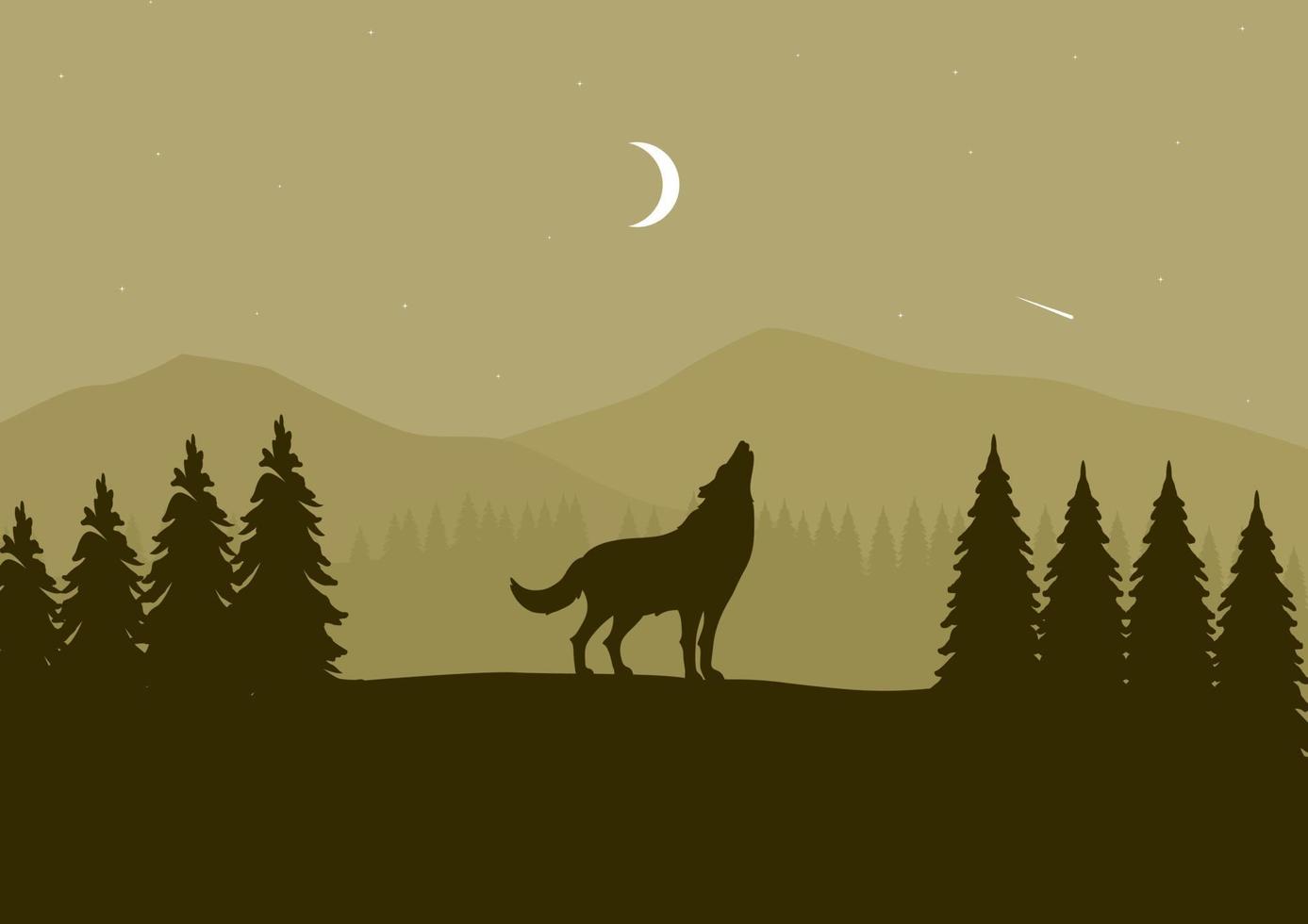 Silhouette of a wolf in the forest at night with the crescent moon. Vector illustration