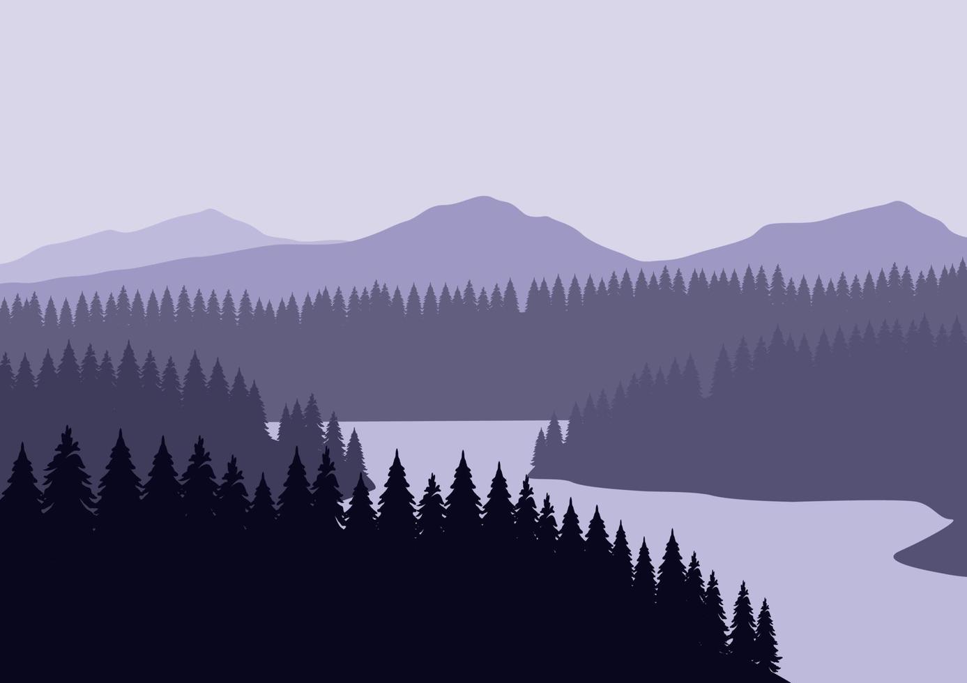 Silhouette of forest and lake in the mountains. Vector illustration