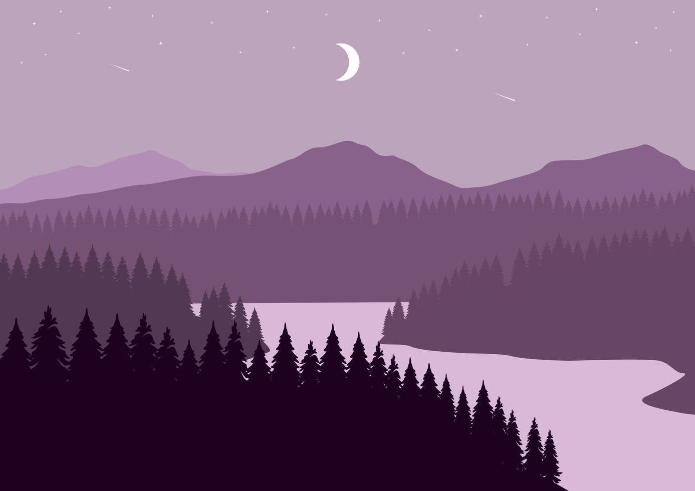 Mountain landscape with lake, forest, and crescent moon at night. Vector illustration.